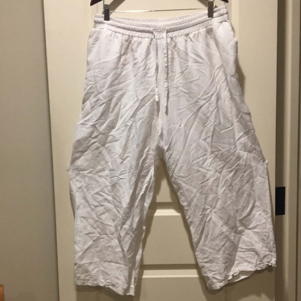 Ashley Stewart wide leg Linen Blend Pull On Drawstring Capri Pants Pockets 22W